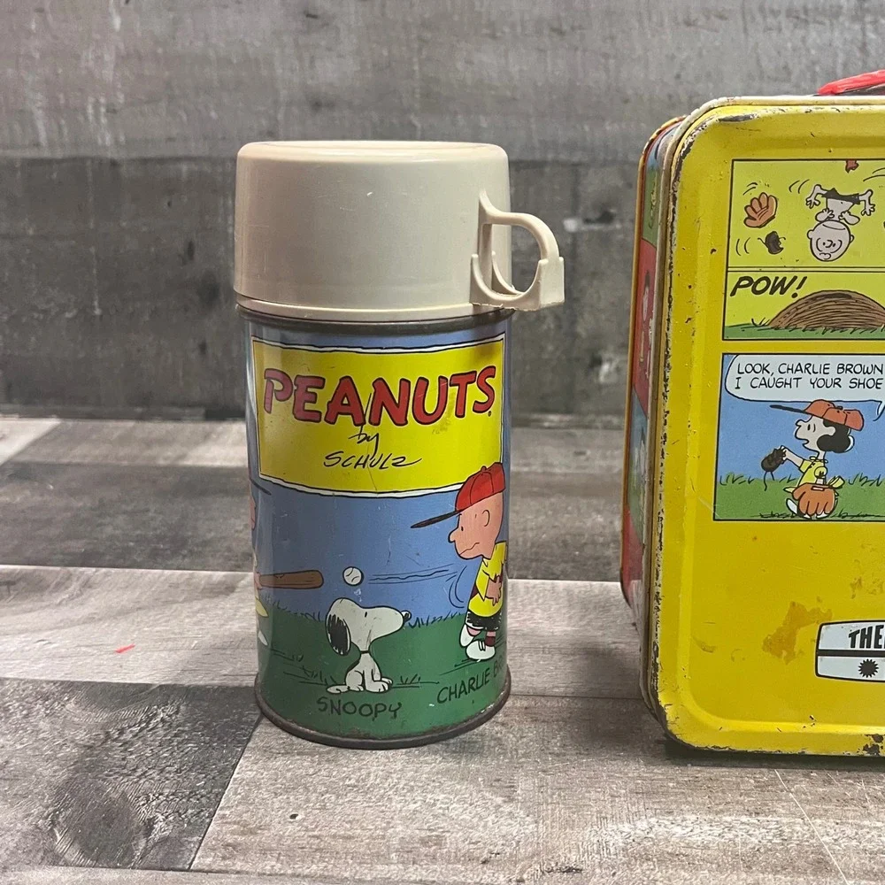 Vintage Peanuts Thermos Metal Lunch Box & Thermos Set Charlie Brown Snoopy 1970s